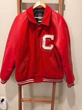 Letterman Varsity Jacket Red Wool Vinyl Sleeves USA 2XL Long